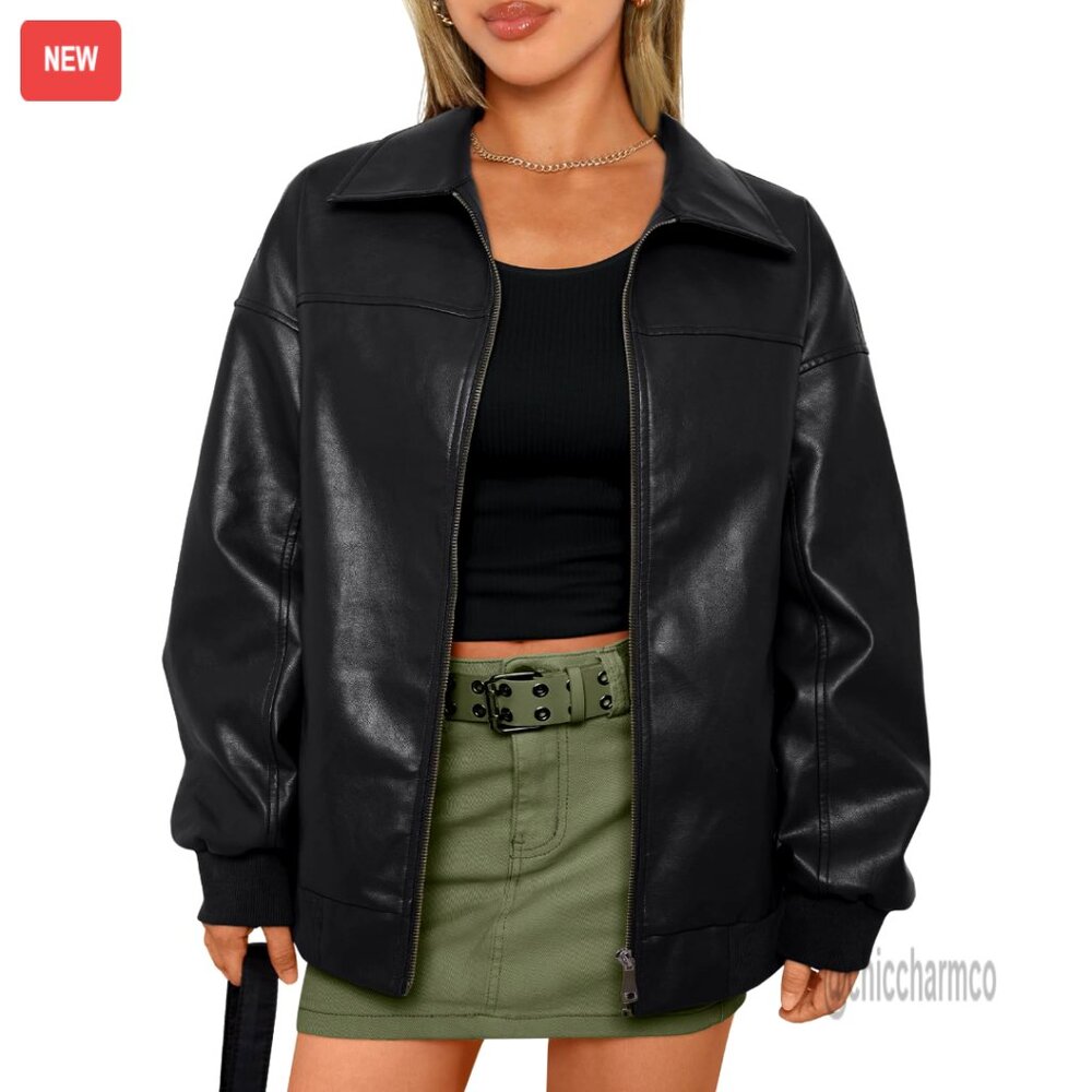 Oversized Faux Leather Bomber Jacket, Zip Up, Side Pockets, Trendy Outerwear